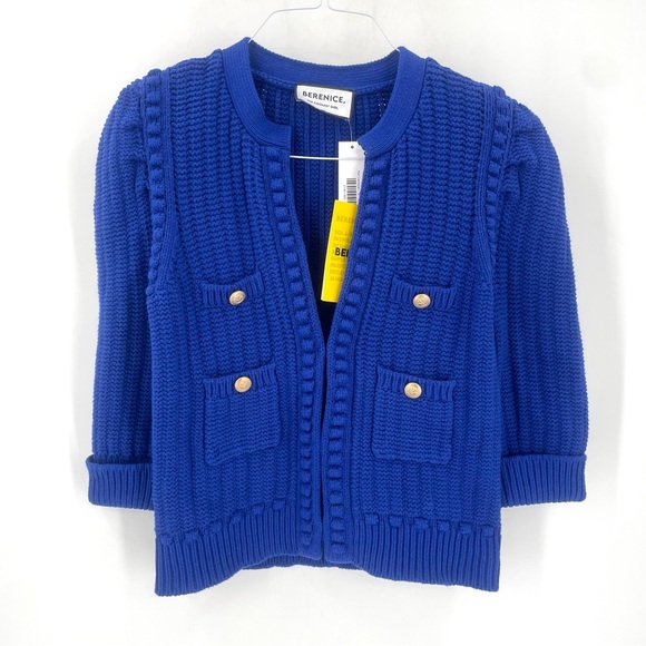 BERENICE NEW MGEMMA Heavy Knit Puff Sleeve Luxury Cardigan Sweater Royal Blue - Picture 2 of 8